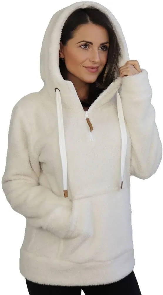 TrailCrest Women's Casual Sherpa Fuzzy Fleece Hoodie 1/4 Zip With Thumb Holes Relaxed Fit