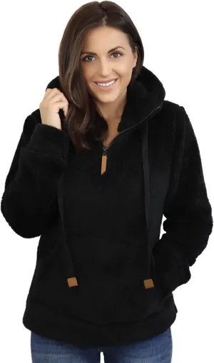 TrailCrest Women's Casual Sherpa Fuzzy Fleece Hoodie 1/4 Zip With Thumb Holes Relaxed Fit