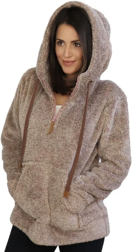 TrailCrest Women's Casual Sherpa Fuzzy Fleece Hoodie 1/4 Zip With Thumb Holes Relaxed Fit