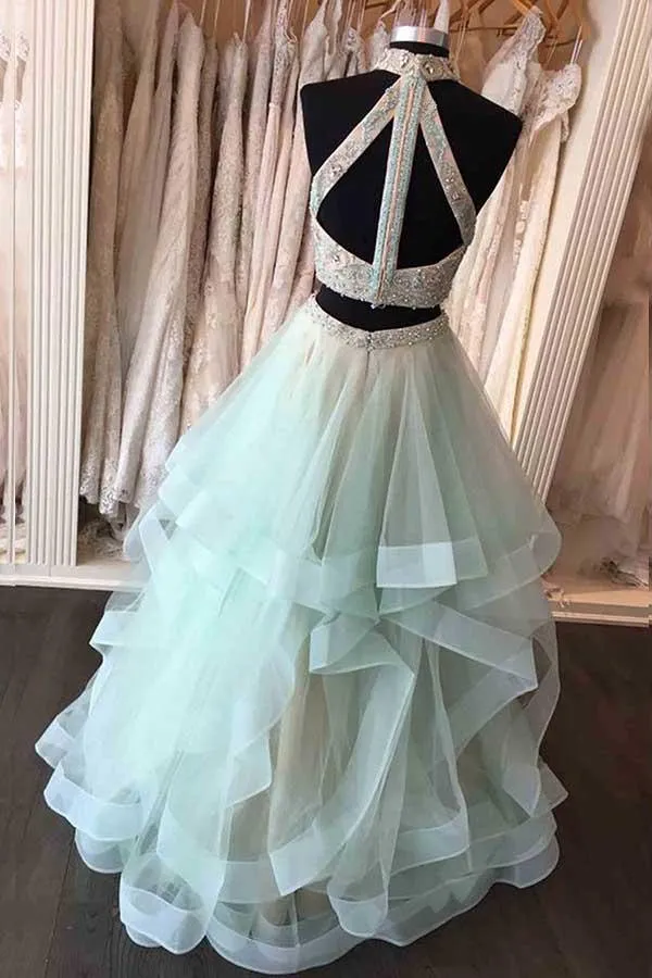 Two Piece High Neck Floor-Length Open Back Mint Organza Prom Dress PG551
