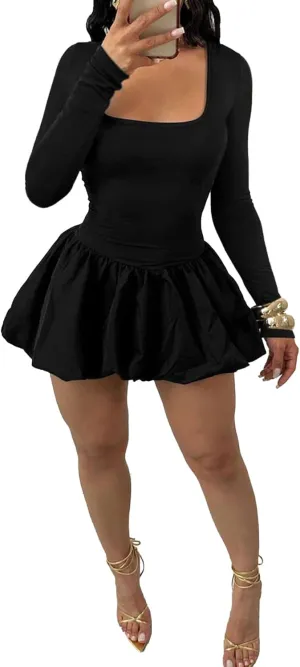 Vakkest Women's Square Neck Mini Bubble Dress Long Sleeve Cute Elegant Patchwork Cocktail Party Y2k Clubwear Dresses