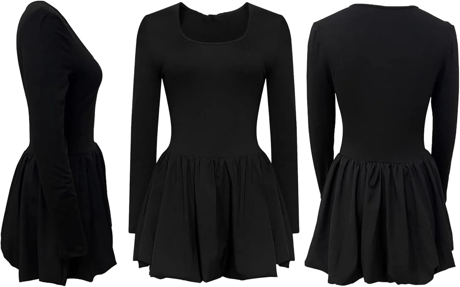 Vakkest Women's Square Neck Mini Bubble Dress Long Sleeve Cute Elegant Patchwork Cocktail Party Y2k Clubwear Dresses