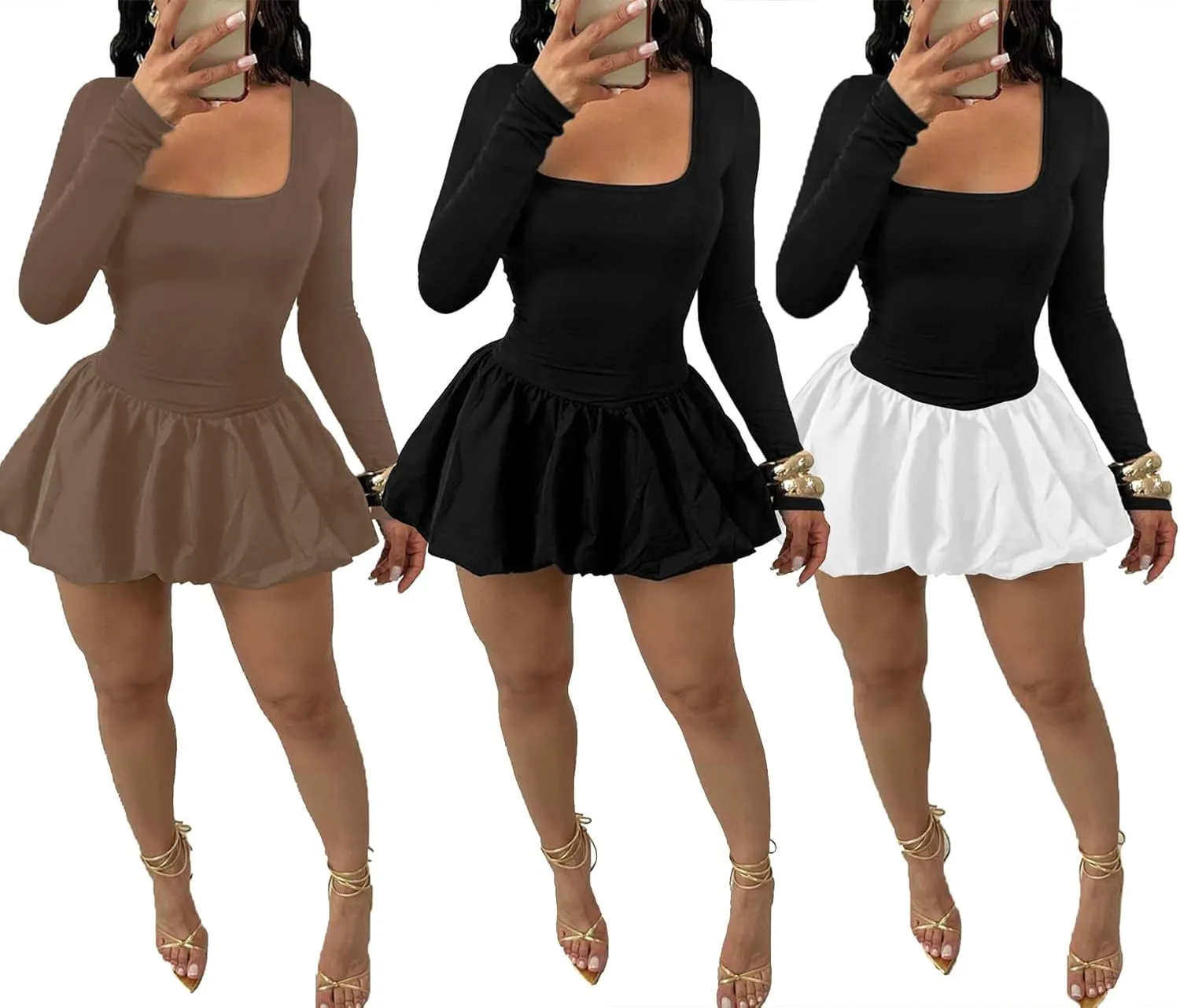 Vakkest Women's Square Neck Mini Bubble Dress Long Sleeve Cute Elegant Patchwork Cocktail Party Y2k Clubwear Dresses