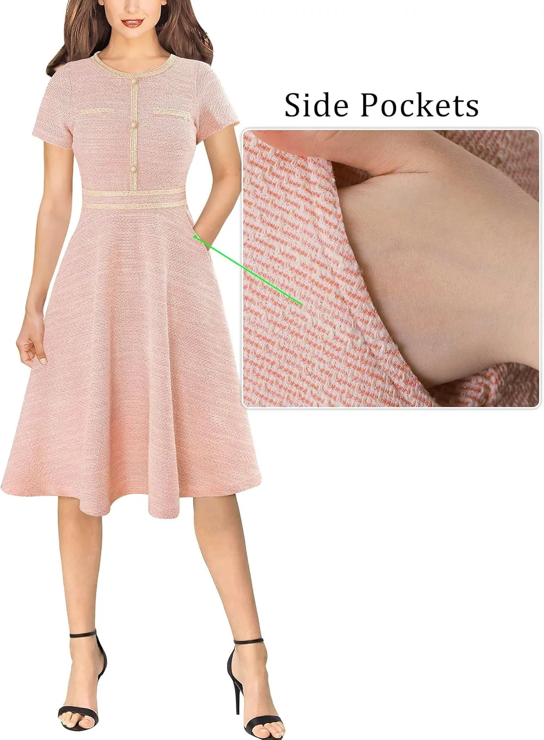 VFSHOW Womens Button Pockets Slim Wear to Work Office Business Party Patchwork A-Line Dress