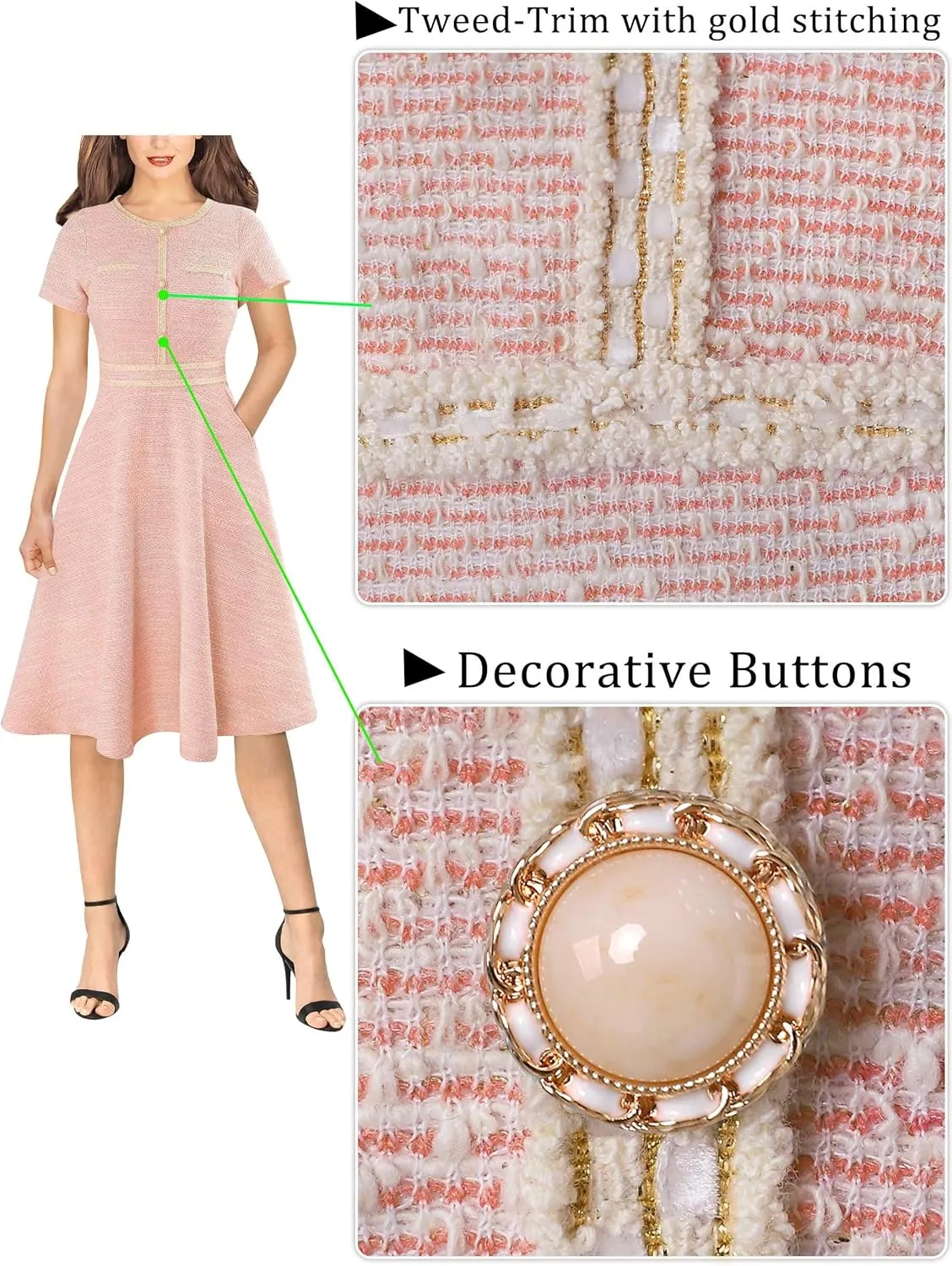 VFSHOW Womens Button Pockets Slim Wear to Work Office Business Party Patchwork A-Line Dress