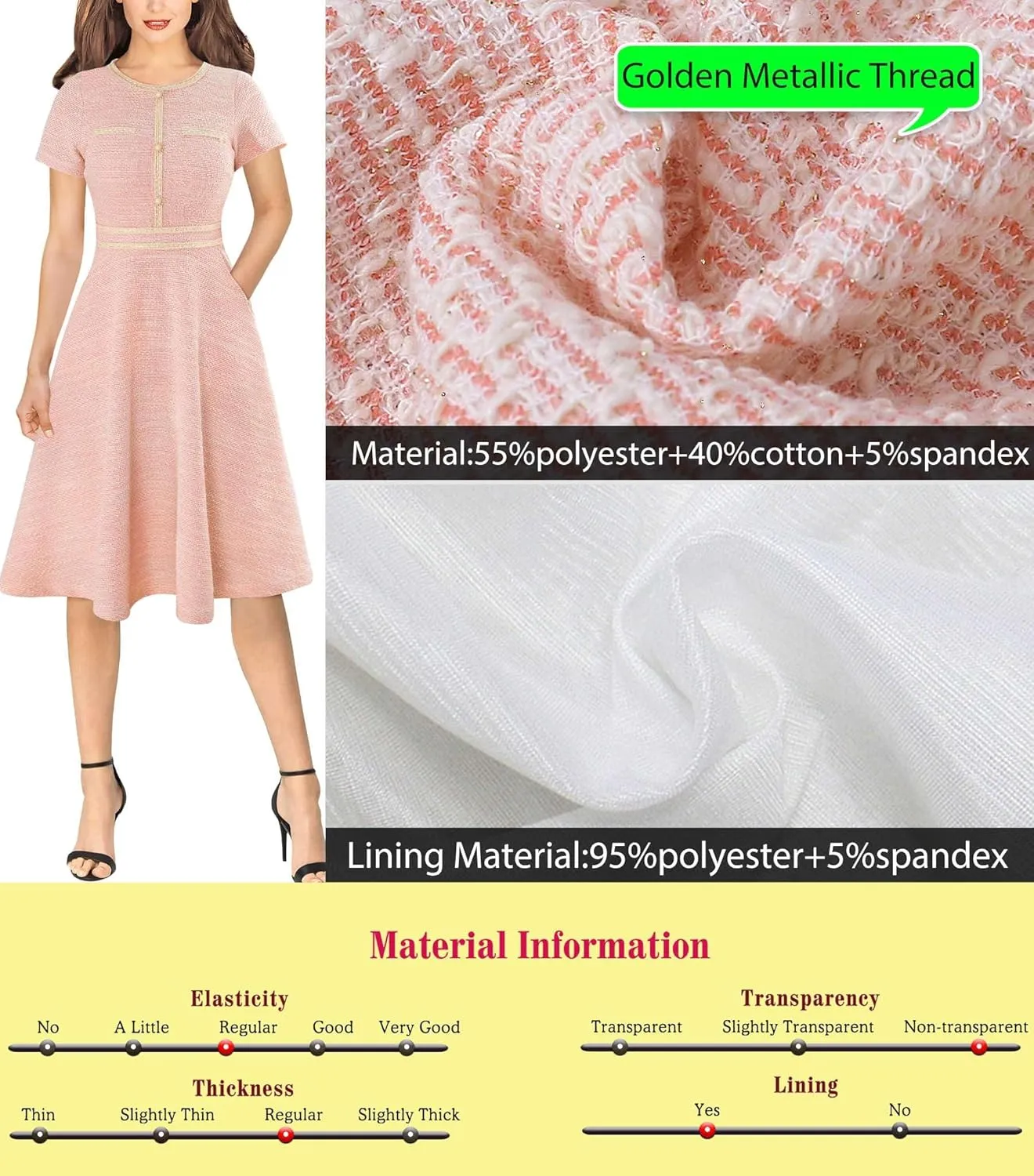 VFSHOW Womens Button Pockets Slim Wear to Work Office Business Party Patchwork A-Line Dress