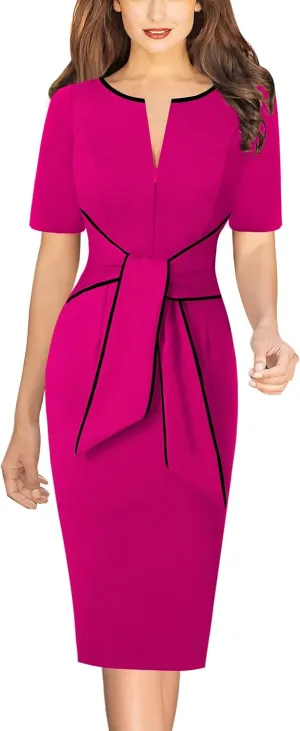VFSHOW Womens Front Zipper Tie Waist Bow Belted Slim Wear to Work Business Office Bodycon Pencil Dress