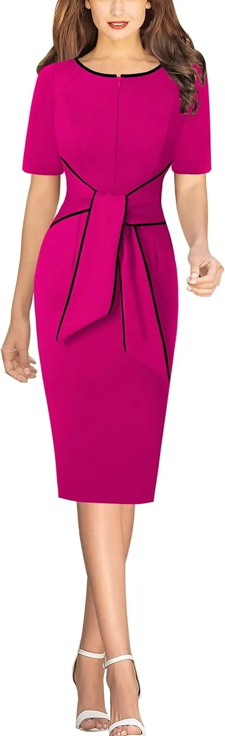 VFSHOW Womens Front Zipper Tie Waist Bow Belted Slim Wear to Work Business Office Bodycon Pencil Dress