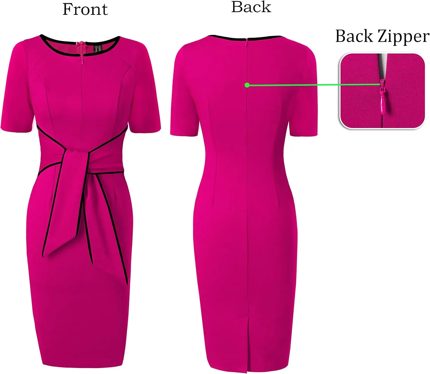 VFSHOW Womens Front Zipper Tie Waist Bow Belted Slim Wear to Work Business Office Bodycon Pencil Dress