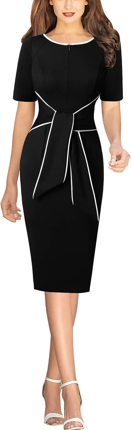 VFSHOW Womens Front Zipper Tie Waist Bow Belted Slim Wear to Work Business Office Bodycon Pencil Dress