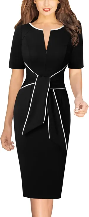 VFSHOW Womens Front Zipper Tie Waist Bow Belted Slim Wear to Work Business Office Bodycon Pencil Dress