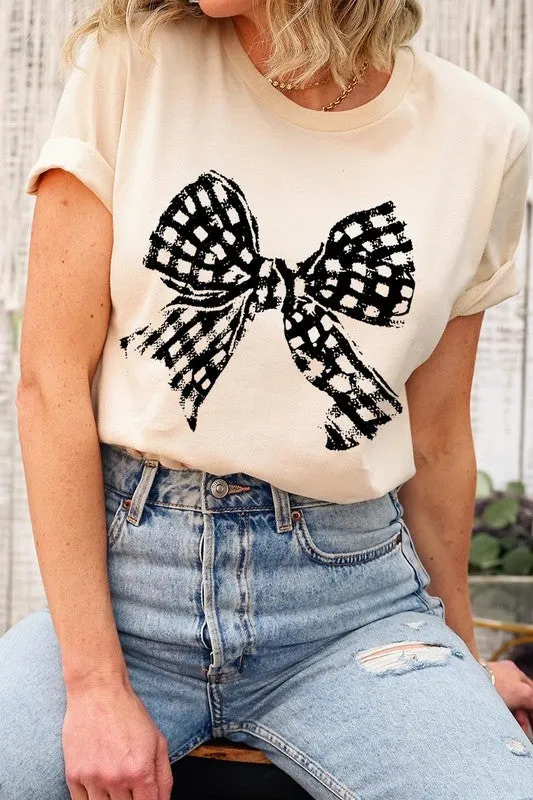 Vintage Checkered Bow Graphic T Shirt