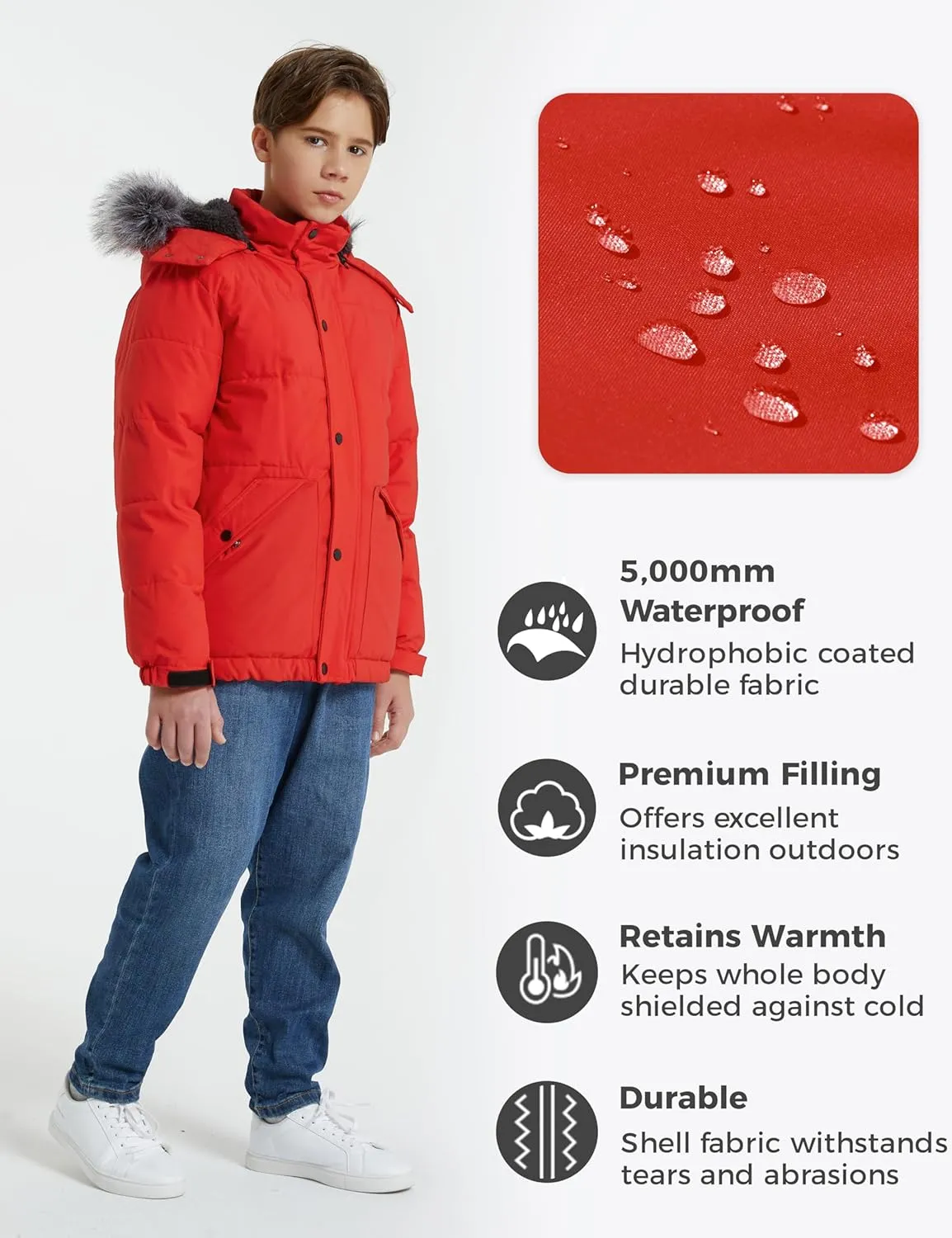 wantdo Boys' Winter Coat Waterproof Puffer Coat Warm Fleece Jacket