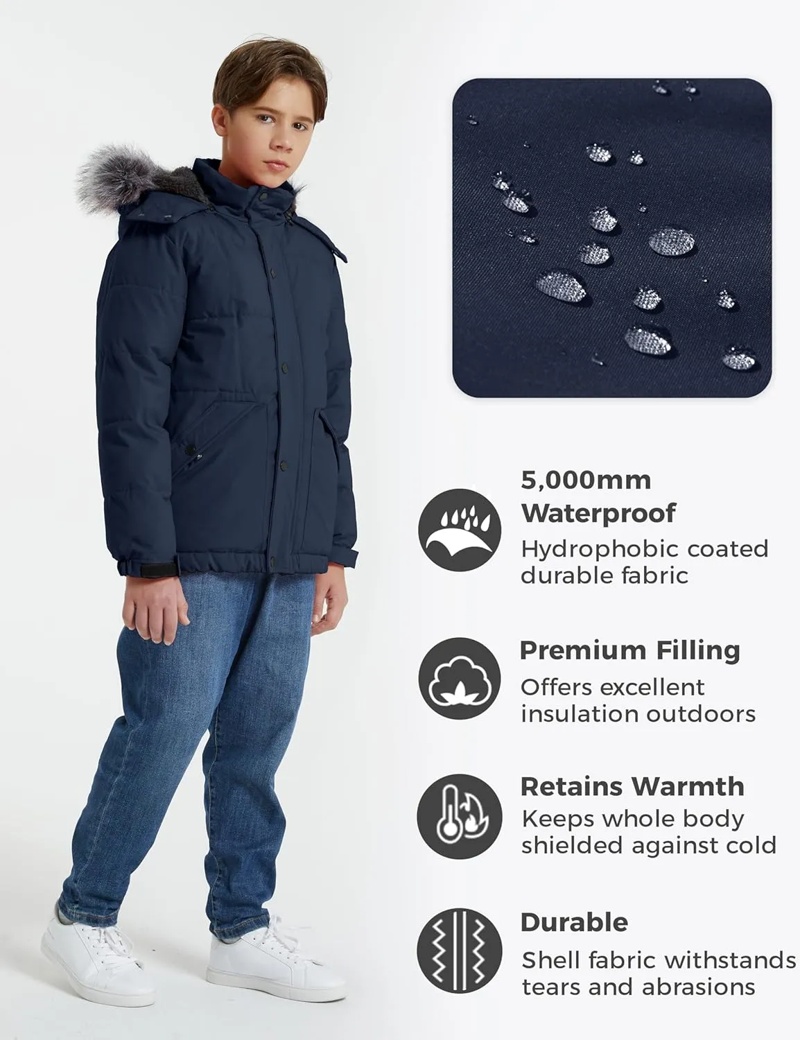 wantdo Boys' Winter Coat Waterproof Puffer Coat Warm Fleece Jacket