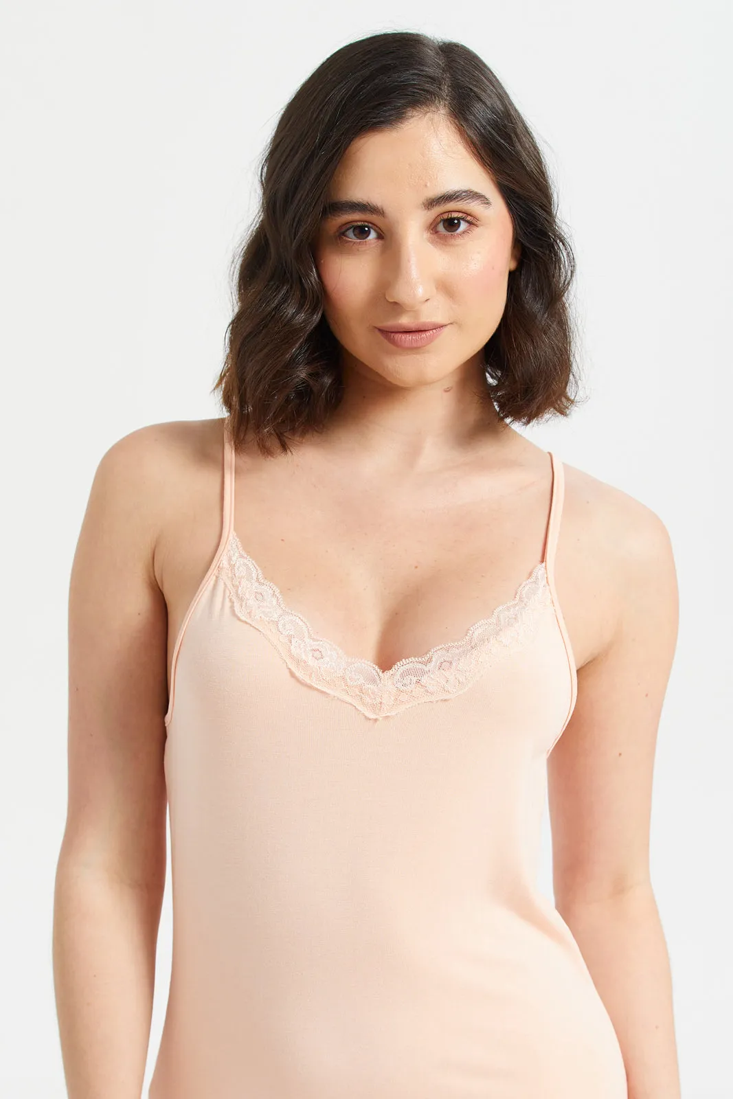 Women Orange Basic Chemise With Lace