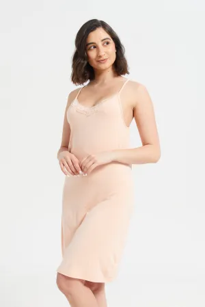 Women Orange Basic Chemise With Lace