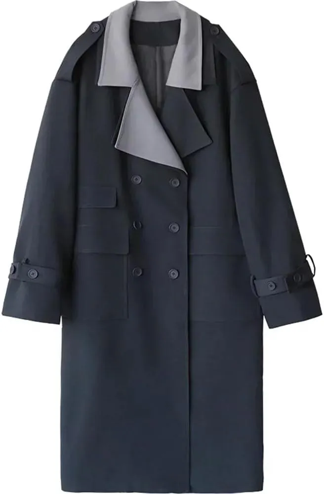 Women Trench Coat Solid Loose Contrast Double Collar Double Breasted Long Office Fall Outerwear