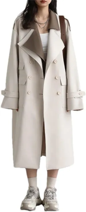Women Trench Coat Solid Loose Contrast Double Collar Double Breasted Long Office Fall Outerwear