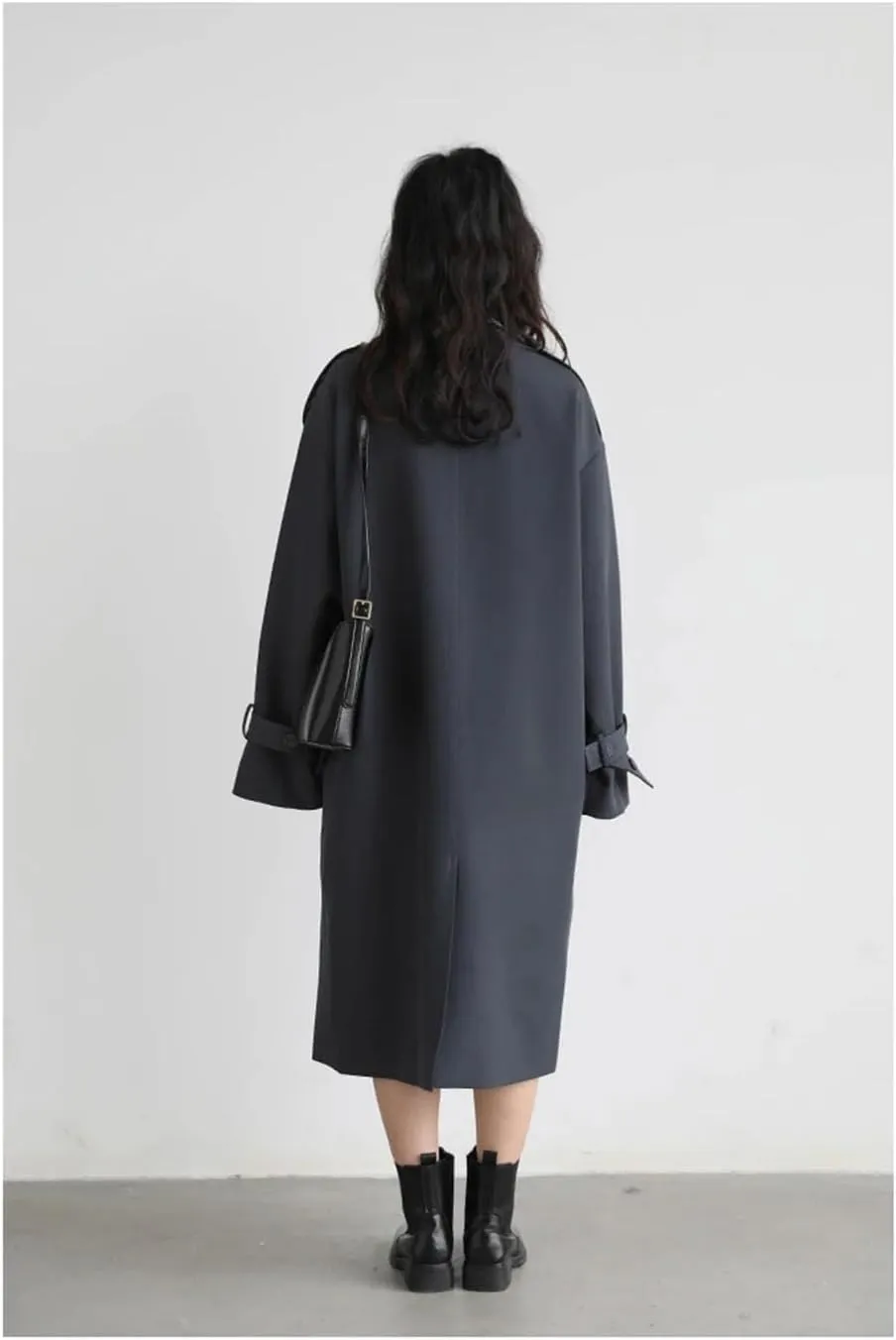 Women Trench Coat Solid Loose Contrast Double Collar Double Breasted Long Office Fall Outerwear