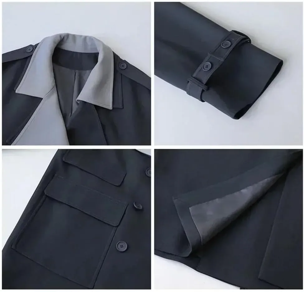 Women Trench Coat Solid Loose Contrast Double Collar Double Breasted Long Office Fall Outerwear