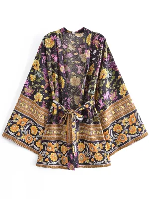 Women's Short Floral Print Black Color Polyester Short Length Gown Robe Kimono Duster Robe