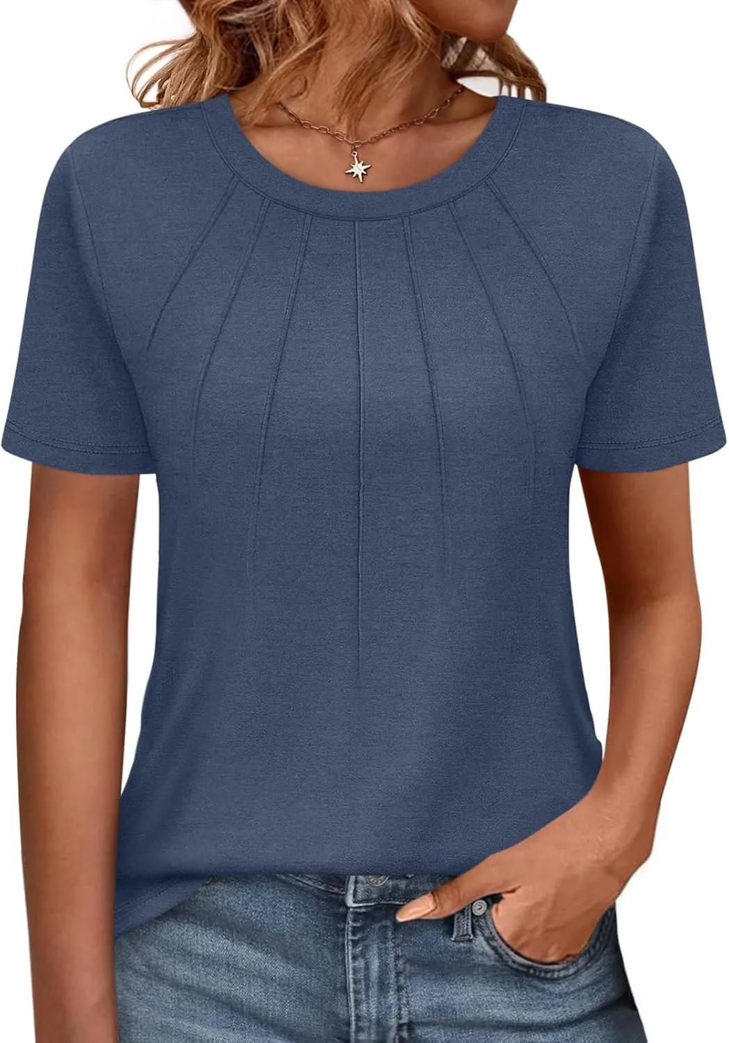 Womens Short Sleeve Crewneck Tops Pleated Summer Tee Shirts Casual Basic Blouses