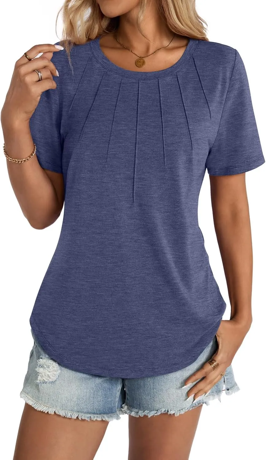 Womens Short Sleeve Crewneck Tops Pleated Summer Tee Shirts Casual Basic Blouses