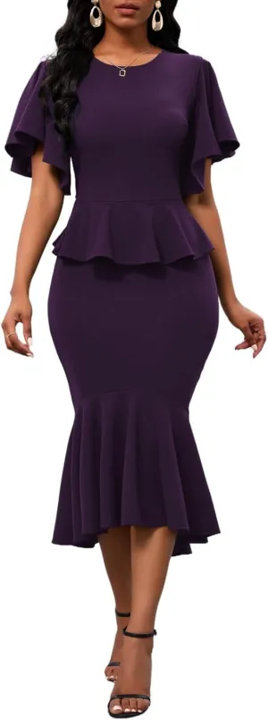 Womens Summer Ruffle Short Sleeve Fishtail Dress Evening Cocktail Formal Peplum Midi Mermaid Dresses Elegant