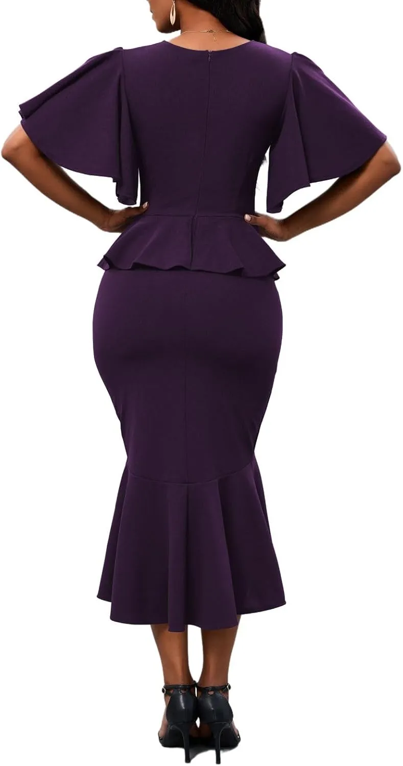 Womens Summer Ruffle Short Sleeve Fishtail Dress Evening Cocktail Formal Peplum Midi Mermaid Dresses Elegant